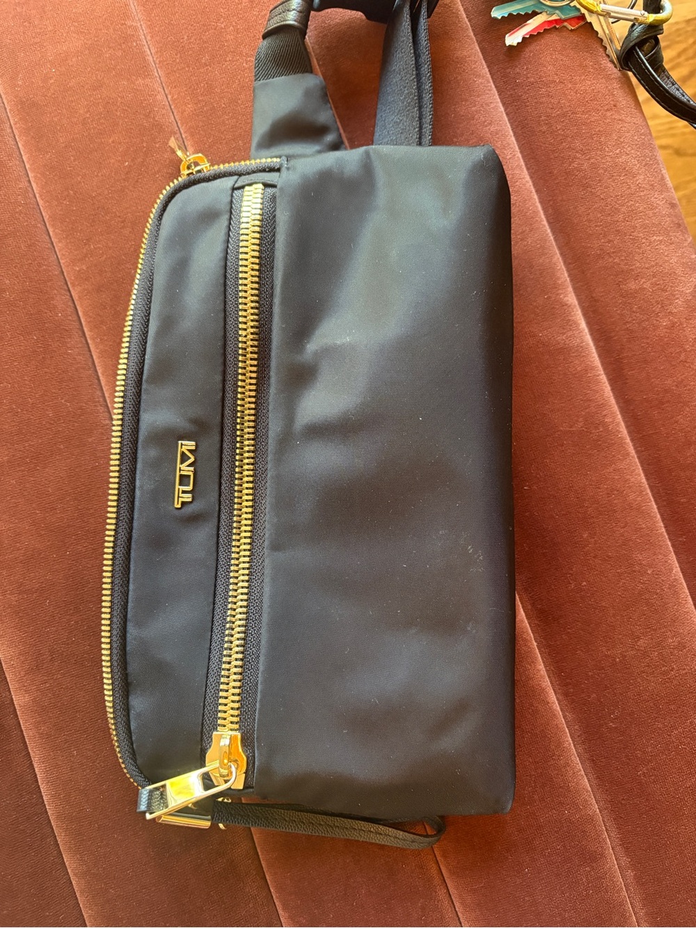 Tumi Black Nylon Belt Bag with Gold-Tone Hardware Sodona-new never used